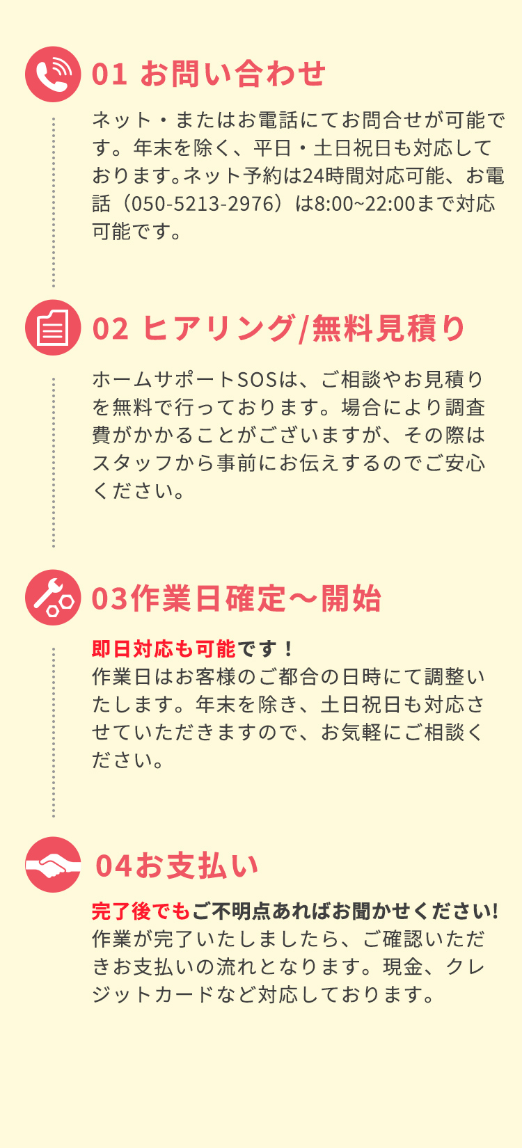 ①お問い合わせネット・またはお電話にてお問合せが可能です。年末を除く、平日・土日祝日も対応しております。ネット予約は24時間対応可能、お電話(050-5213-2976)は8:00～22:00まで対応可能です)②ヒアリング。無料見積もり無料お見積りホームサポートSOSは、ご相談やお見積りを無料で行っております。場合により調査費がかかることがございますが、その際はスタッフから事前にお伝えするのでご安心ください。③作業日確定～開始。即日対応も可能です！作業日はお客様のご都合の日時にて調整いたします。年末を除き、土日祝日も対応させていただきますので、お気軽にご相談ください。④お支払い。完了後でもご不明点あればお聞かせください。作業が完了いたしましたら、ご確認いただきお支払いの流れとなります。現金、クレジットカードなど対応しております。